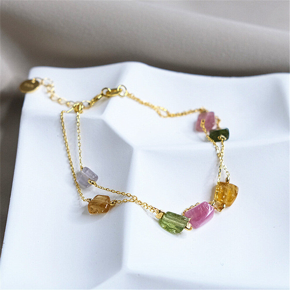 925 Sterling Silver Planted Bracelet for Women Colorful Natural Irregular Tourmaline Double layer Chain Gemstone Bracelets