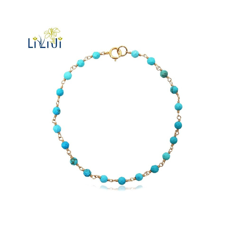 LiiJi Unique Turkey Turquoises 3mm Beads wire wrap 925 sterling silver Knitting Shining Yoga Healing Bracelet