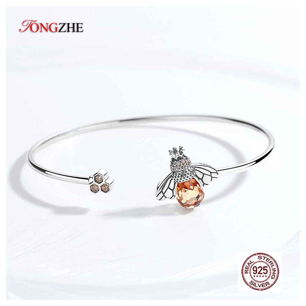 925 Sterling Silver Bee And Honeycomb Bracelets&Bangles for Women Lovely Crystal Famous Jewelry