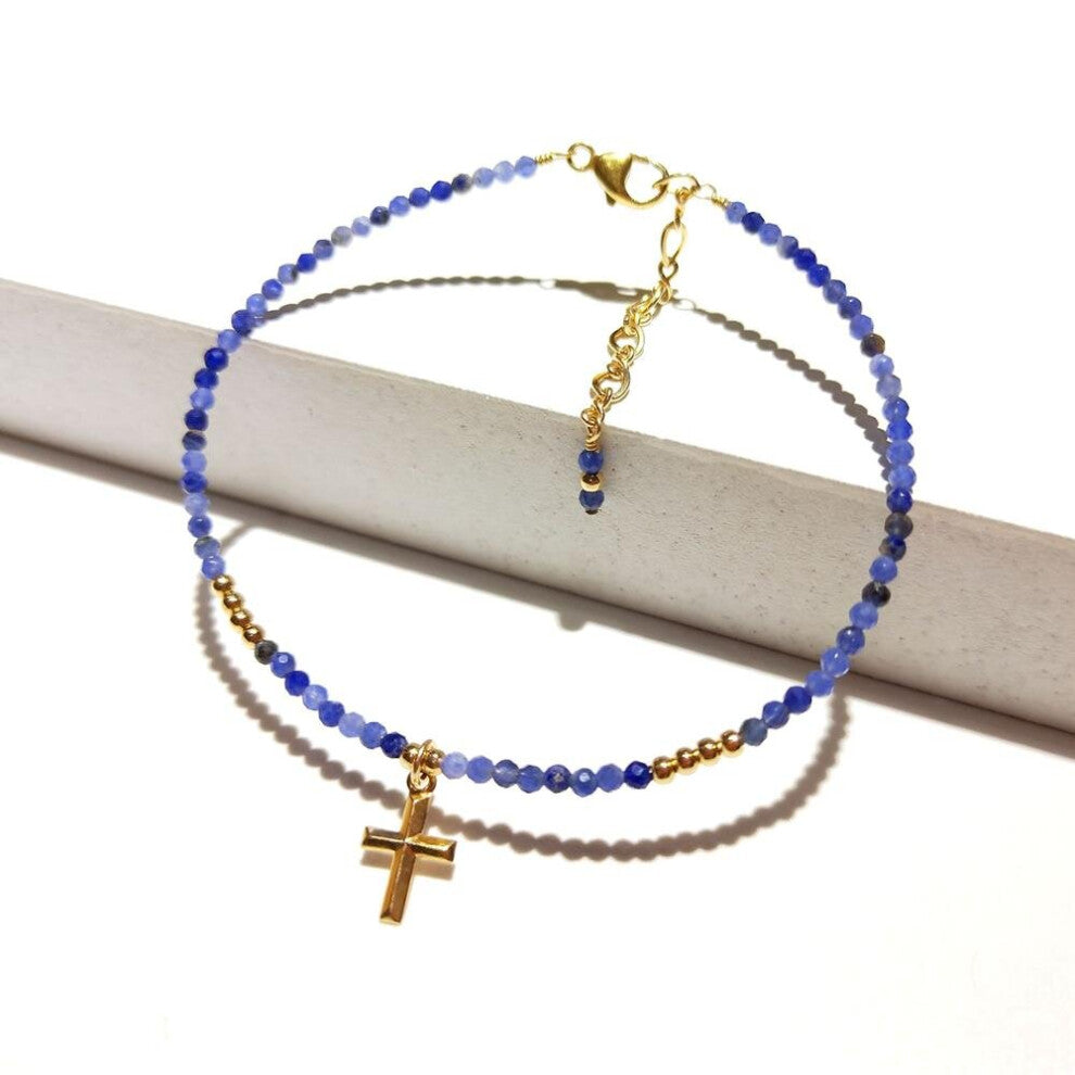 2mm Sodalite Beaded Sparkling Bracelet With Cross Charm American 14K Filled Bracelet 17+3cm