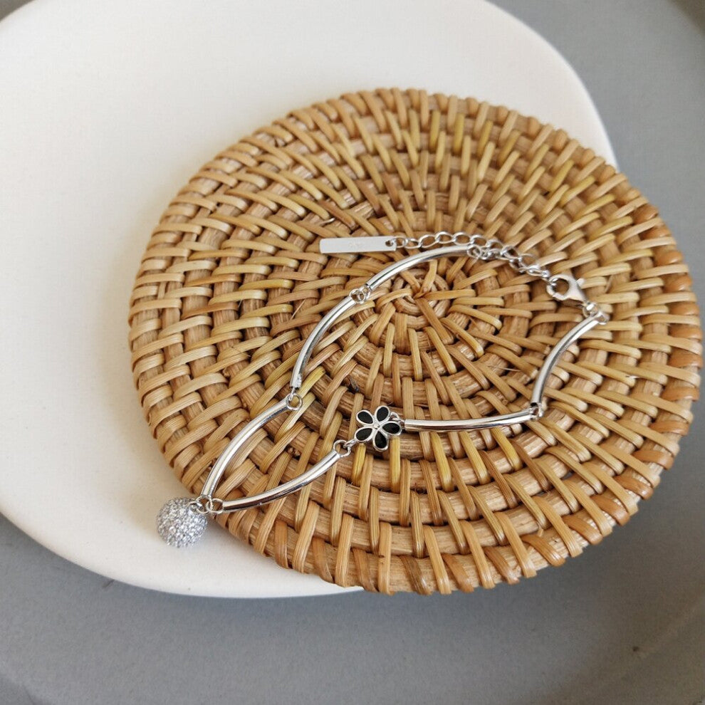 Wild Flower S925 Sterling Silver Petals Small Croquet Micro Paved Cz Zircon Ball Bead Bracelet With Tubes