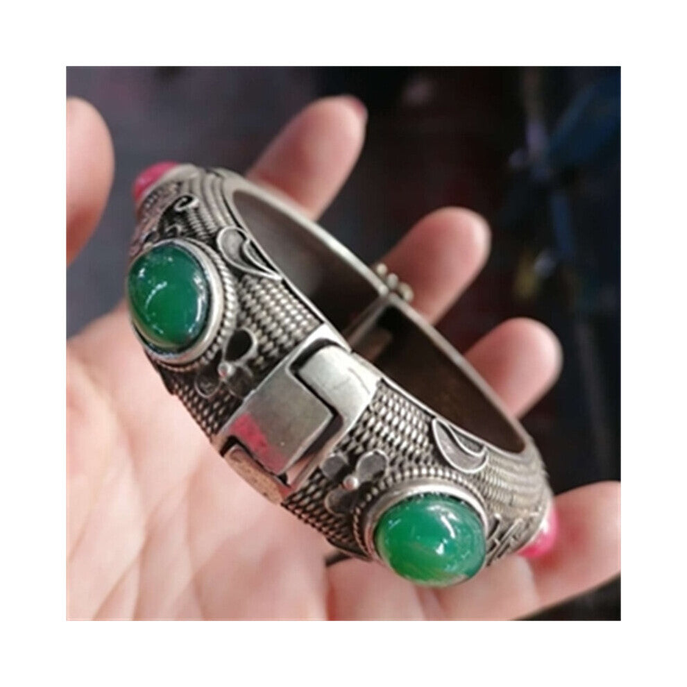Mai Chuang - Red Green Jade Inlaid Tibetan Silver Cuff Bracelet Charm Personality Jewelry Bangles Women