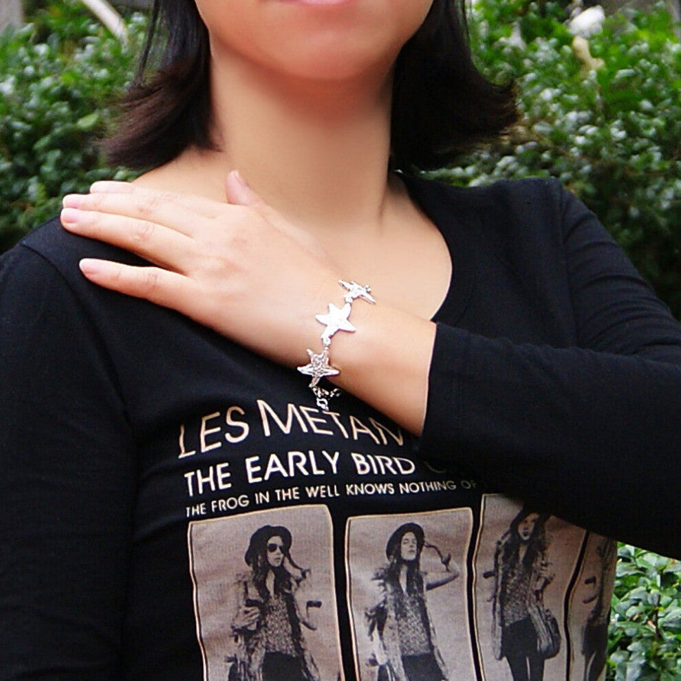 Women's Sterling Silver Bracelet-Creative 925 Silver Starfish Ornament Bracelet-18CM-Lobster Claw Clasp-Girl's Jewelry