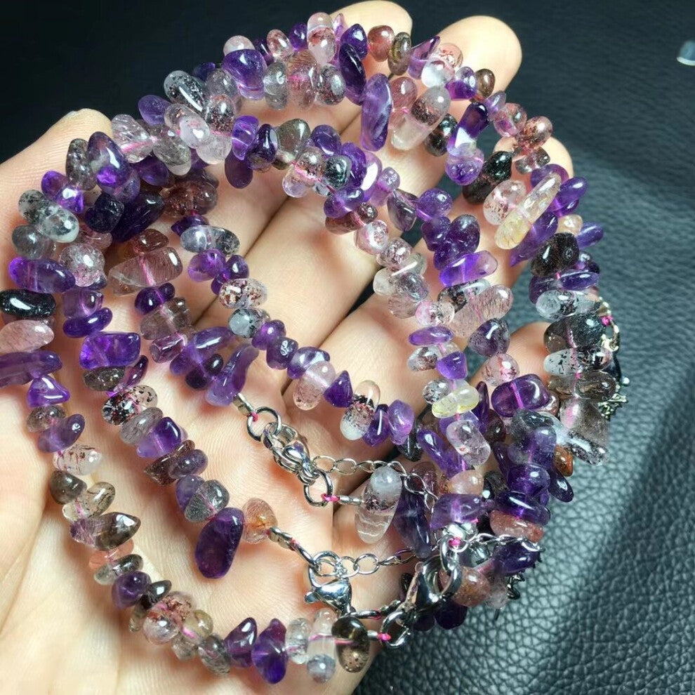 1 Pc Fengbaowu Natural Purple Rutilated Quartz 7 Gravel Chips Chain Bracelet 925 Sterling Silver Crystal Healing Stone