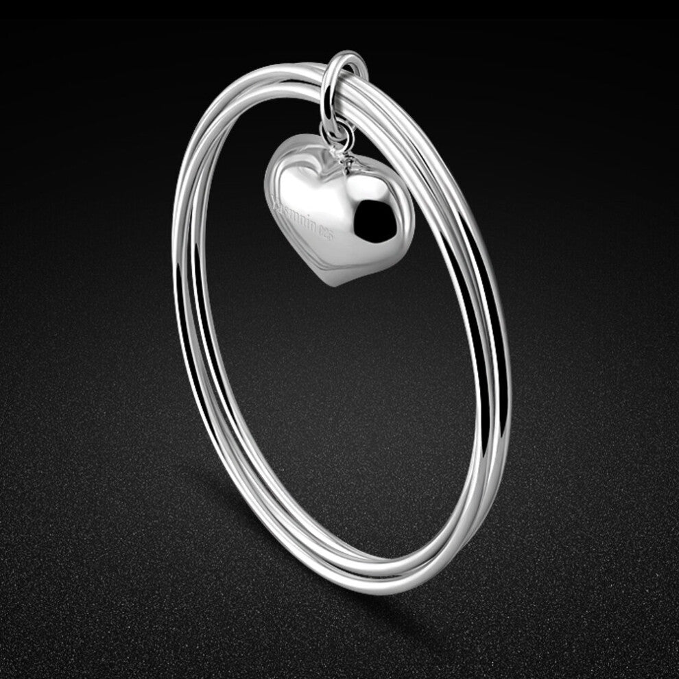 Women's Sterling Silver Bracelet-925 Silver 3 Circle Bangle-Classic Heart Pendant Jewelry-60MM Size-Birthday Gift