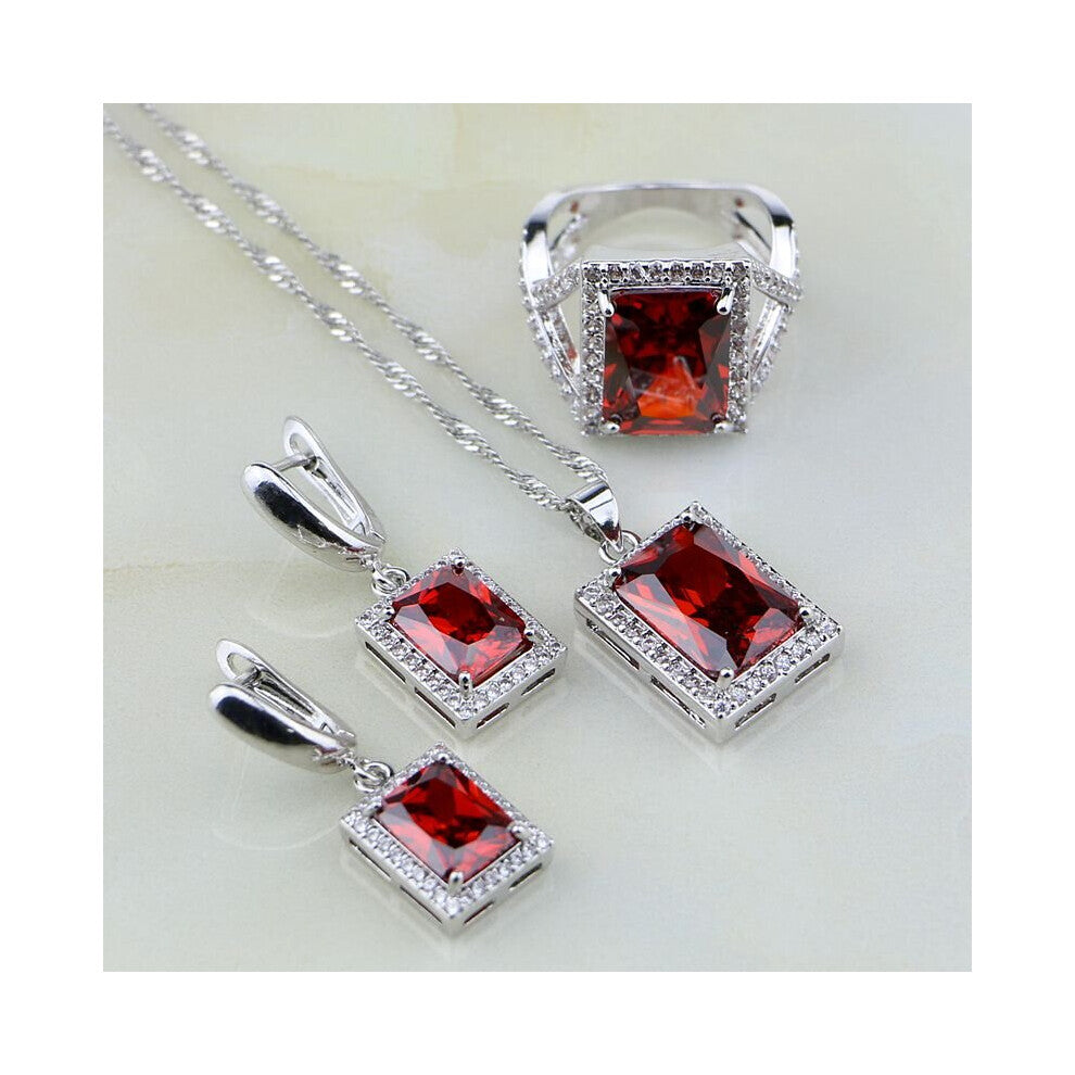 Natural Square Red Garnet Cubic Zirconia CZ Sterling Silver Jewelry Sets For Women Wedding Earring-Pendant-Necklace-Ring