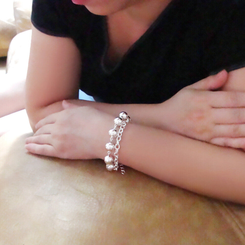 Bohemia Women's 925 Silver Bracelet-Glossy Bead Chain 24CM-Sterling Silver Bracelet-Lobster Claw Clasp-Charm Jewelry Accessory