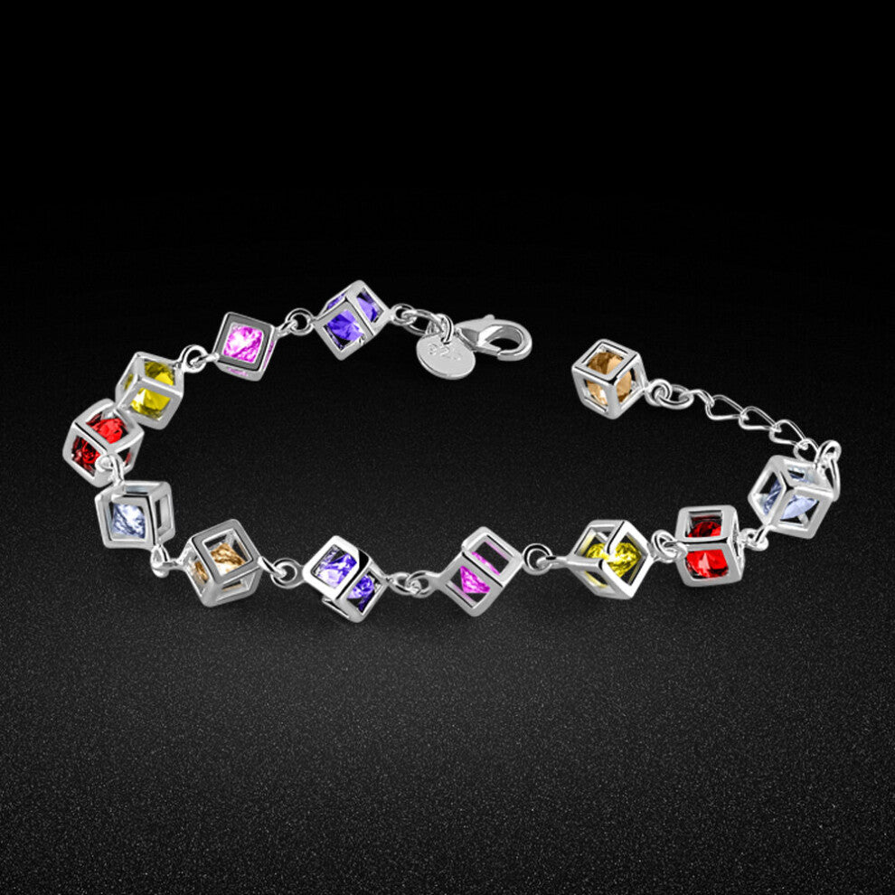 Women's 925 Sterling Silver Bracelet-Colored Cubic Zirconia Bracelet-Silver Chain 21CM-Girls Jewellery Accessories-Birthday