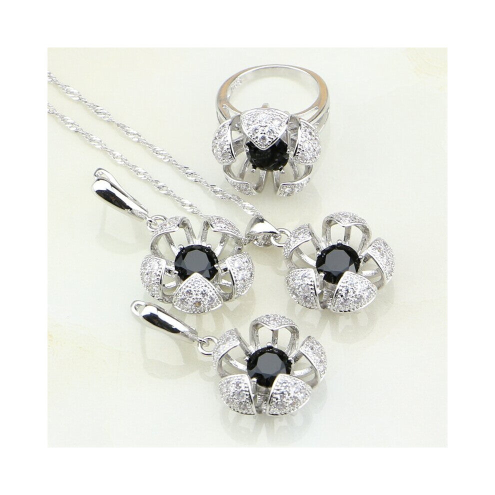 Flower Cubic Zirconia Zircon 925 Sterling Silver Jewelry Sets For Women Wedding Earrings-Ring-Pendant -Necklace