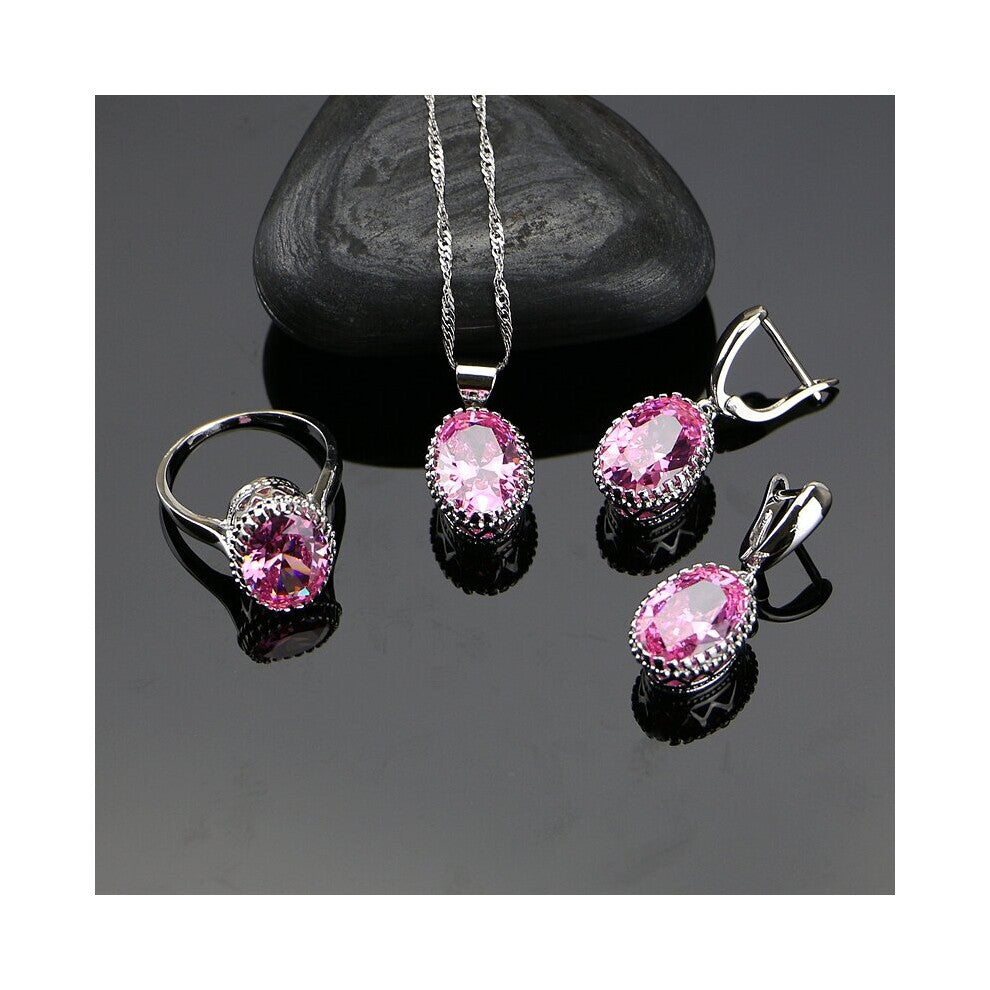 Oval Pink Crystal Zircon Created Sterling Silver 925 Wedding Jewelry Sets For Women Earrings-Ring-Necklace