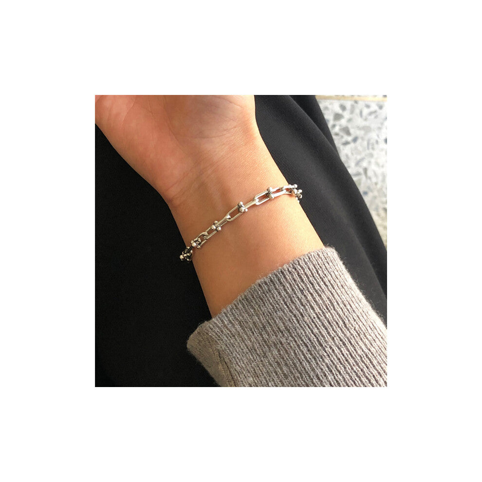 INS 100% 925 Sterling Silver Cuban Chain Buckle Charm Bracelet&Bangle for Women Punk Hip-hop Jewelry Gift