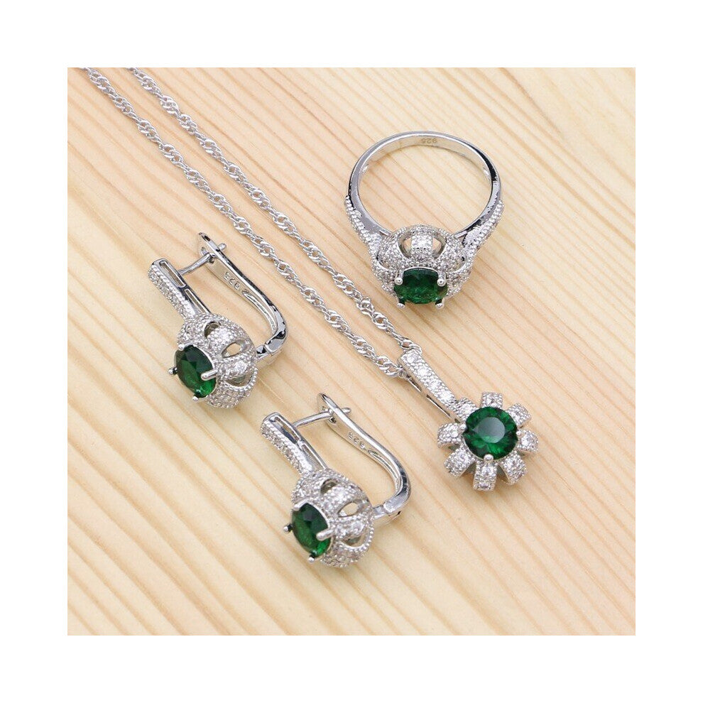 (Green-6) 925 Sterling Silver Jewelry Sets For Women Natural Green Cubic Zirconia Crystal Stud Earrings-Pendant-Necklace-Ring Set
