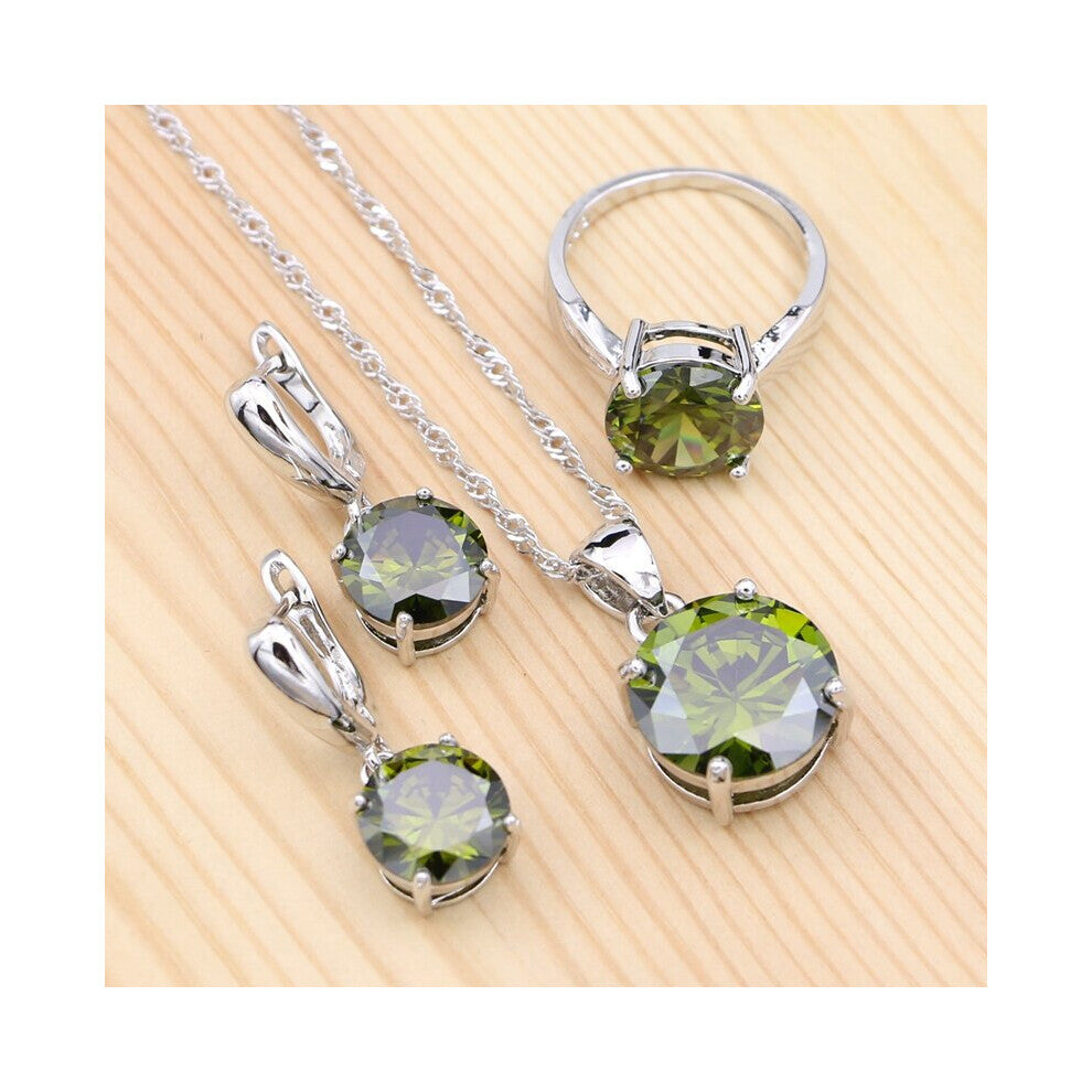 (Olive green Army Green-6.5) 925 Sterling Silver Jewelry Sets For Women Olive Green Cubic Zirconia Vintage Jewelry Necklace-Earrings-Pendant-Ring Set