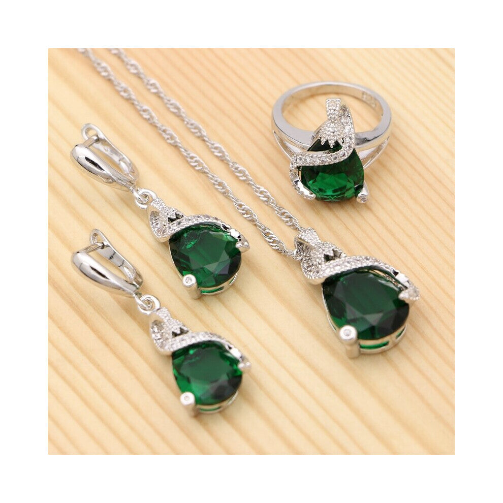 (Green-6) 925 Silver Jewelry Sets For Women Party Accessories Green Cubic Zirconia Water Drop Earrings-Pendant-Necklace-Ring