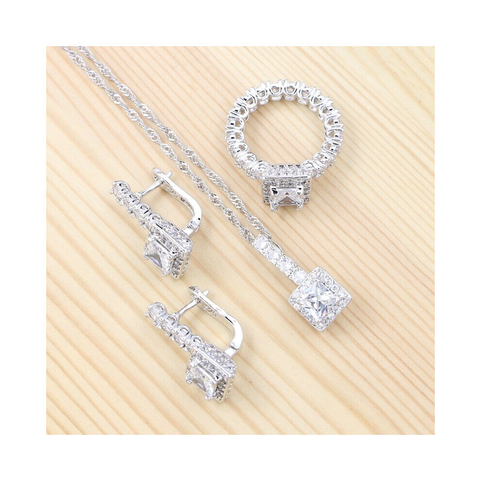 (White-7) Bridal Jewelry 925 Sterling Silver Wedding Jewelry Sets Cubic Zirconia Stud Earring-Pendant-Necklace-Ring