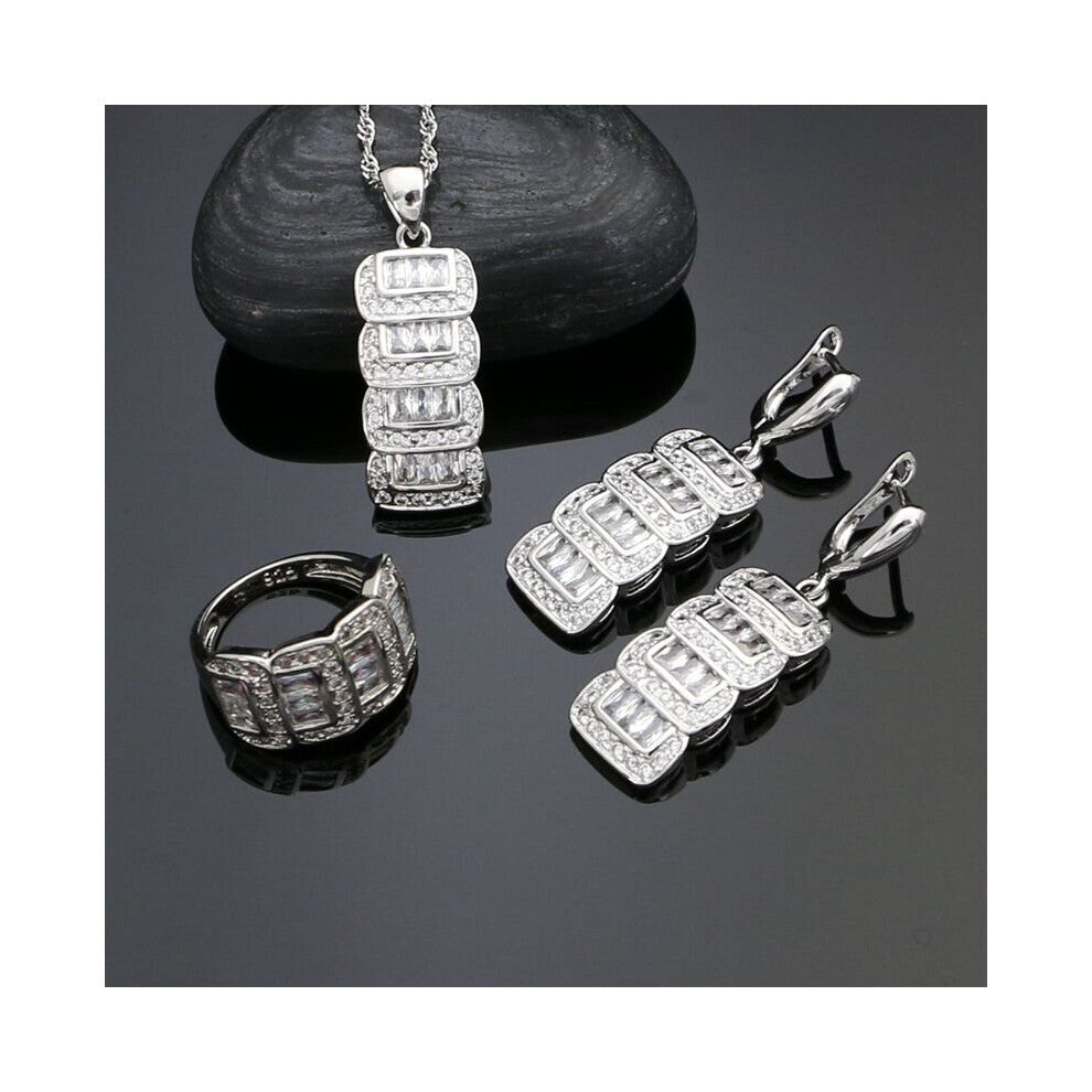 Classic 925 Sterling Silver Wedding Jewelry Sets For Women Crystal Drop Earrings-Rings-Pendant-Necklace Set