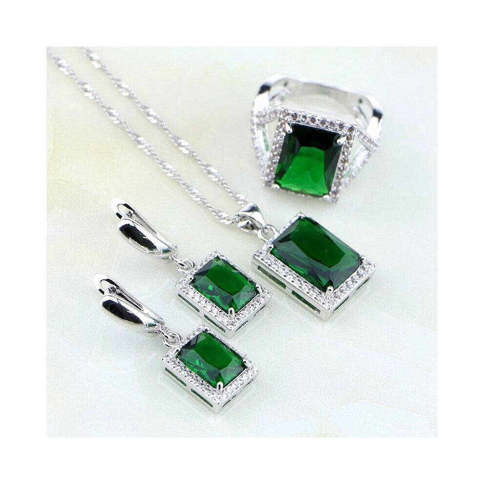 (Green-6) Natural Square Green Created Emerald Zircon 925 Silver Jewelry Sets for Women Wedding Earrings-Pendant-Necklace-Ring