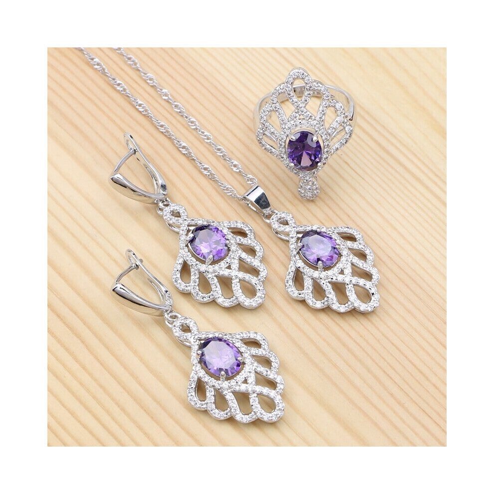 (Purple-6) 925 Silver Jewelry Purple Cubic Zirconia Bridal Jewelry Sets For Women Annniversary Earrings-Pendant-Necklace-Ring