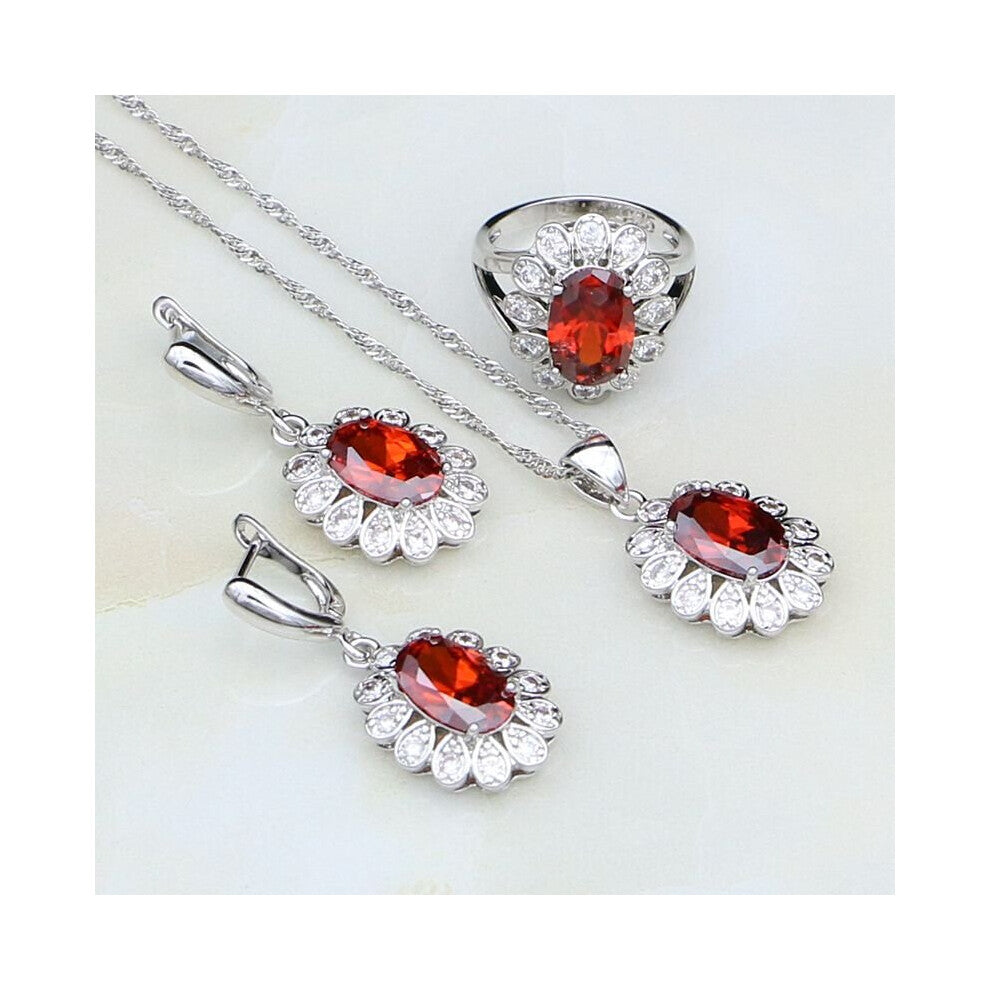 (Red-6.5) 925 Sterling Silver Jewelry Red Garnet Cubic Zirconia Costume Jewelry Sets For Women Wedding Earring-Pendant-Necklace-Ring