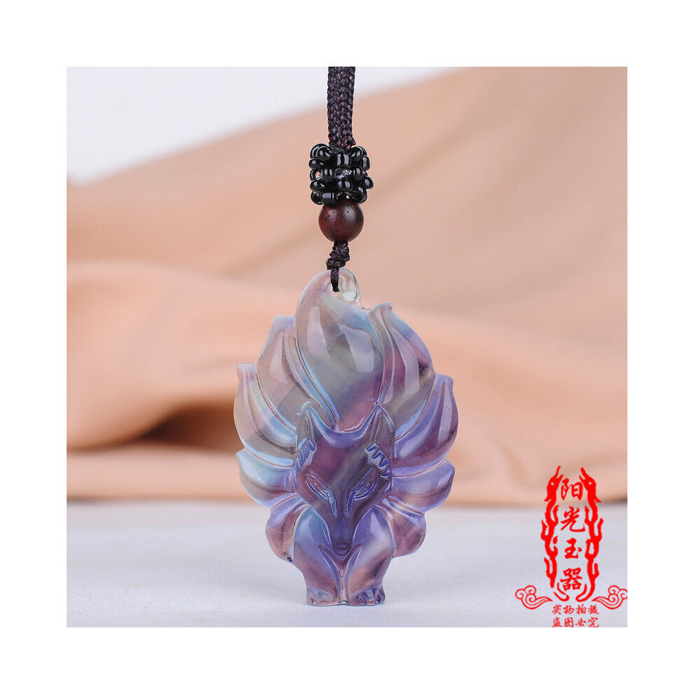 Natural Colour Jade crystal Nine Tailed Fox Pendant Necklace Jewellery Accessories Hand-Carved Luck Amulet Sweater Chain