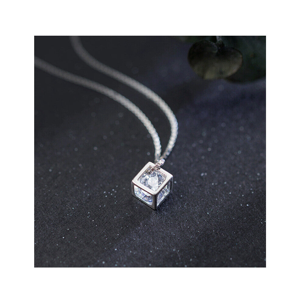 Real 925 Sterling Silver Solid square Clear CZ Swing Pendant Necklace for Women Chain Necklaces Wedding Jewelry