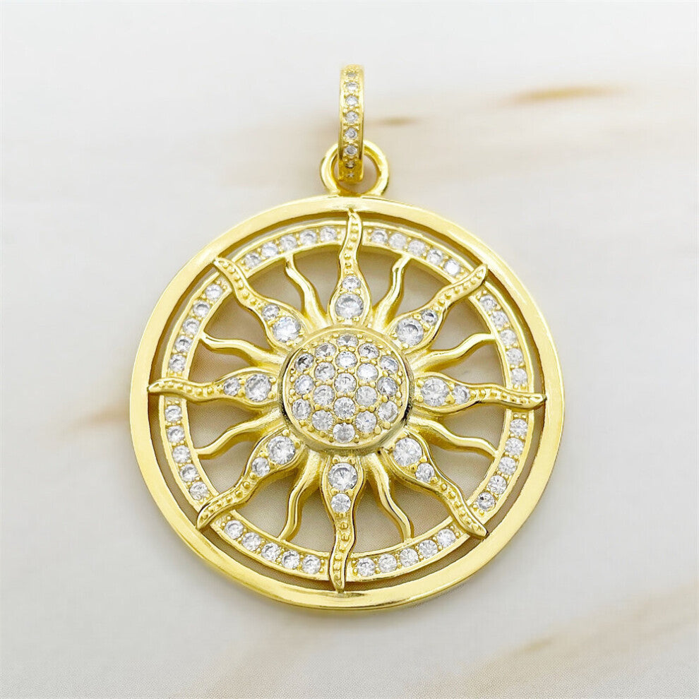 CZ Pave Sun Pendants 925 Sterling Silver Golden With Zirconia Fine Jewelry Accessories Fit Necklace Lucky Gift For Women