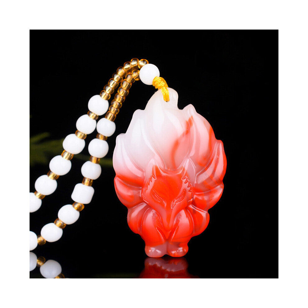 Natural Red Jade Nine-Tailed Fox Pendant Necklace Chinese Carved Charm Jewelry Accessories Amulet for Women