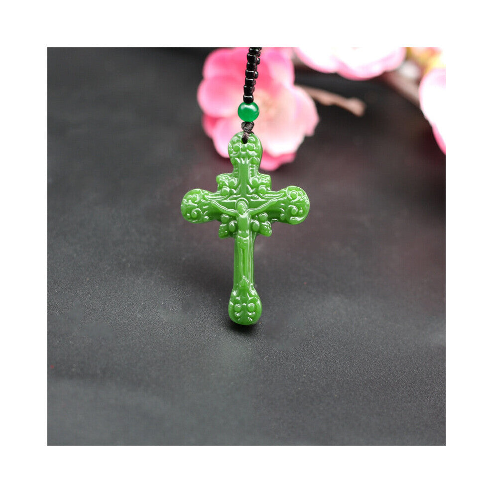 Jesus Cross Natural Green Jade Pendant Necklace Chinese Hand-Carved Charm Jewelry Accessories Amulet for Men Women