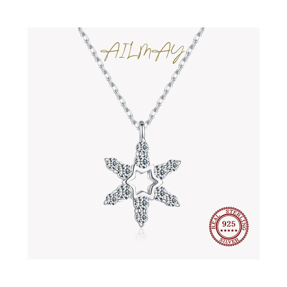 Sparkling Five-Pointed Star Snowflake 925 Sterling Silver Pendant Necklace For Women Accessories Jewelry