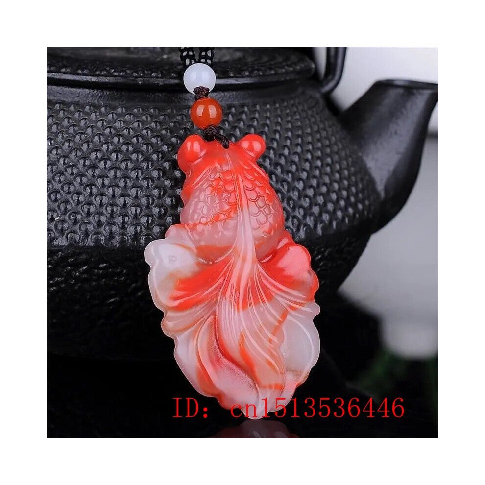 Natural Red Jade Goldfish Pendant Necklace Charm Jewellery Accessories Hand-Carved Man Luck Amulet Sweater Chain