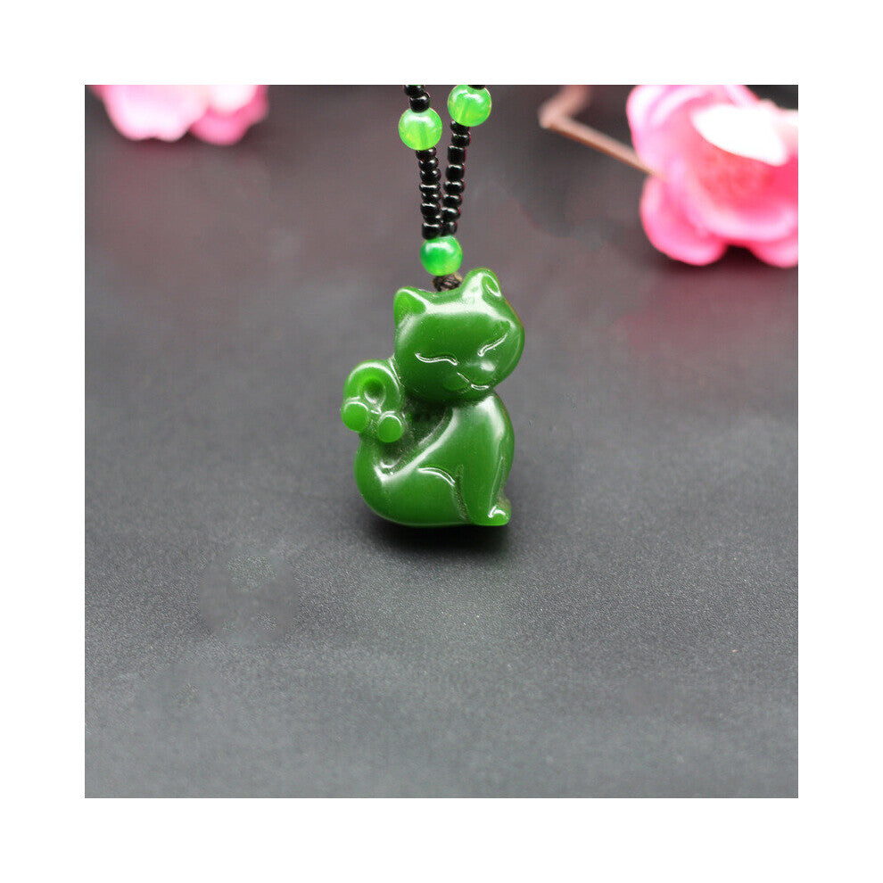 Natural Green Jade Cat Pendant Necklace Beads Chinese Hand-Carved Jadeite Charm Jewelry Accessories Amulet Women