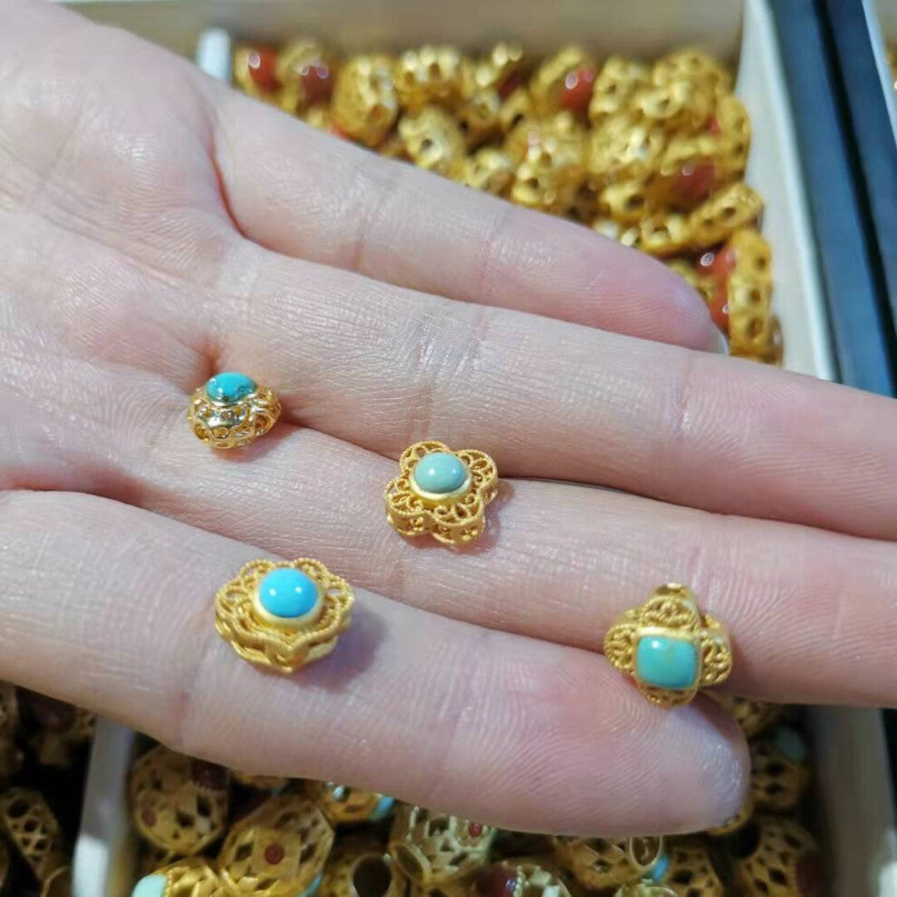 Natural turquoise jewelry accessories heart-shaped cross s925 sterling silver gold-plated classical hollow craft DIY material