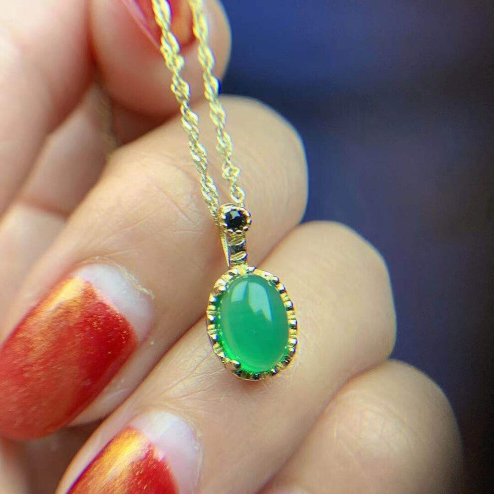 Natural Green Yellow Chalcedony Necklace Pendant 925 Silver Inlaid Jewelry Accessories Retro