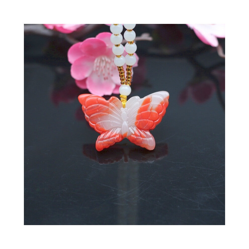Natural Red Jade Butterfly Pendant Necklace Charm Jewelry Chinese Hand-Carved Amulet Accessories Men Women