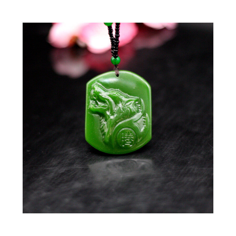 Natural Green Jade Wolf Head Pendant Necklace Chinese Hand-Carved Jewellery Accessories Charm Amulet for Men Women