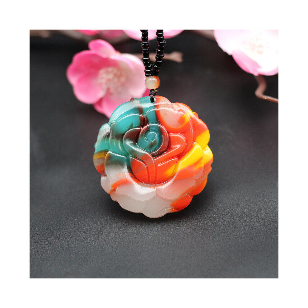 Rose Flower Natural Jade Pendant Necklace Chinese Hand-Carved Charm Jewelry Accessories Amulet for Men Women
