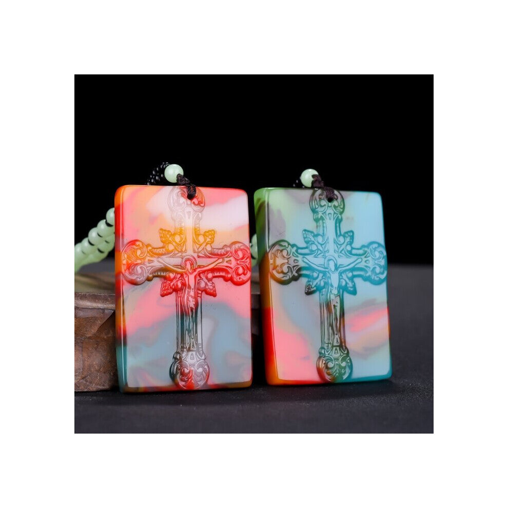 1pc Chinese Colorful Jade Cross Pendant Necklace Jewellery Accessories Hand-Carved Man Woman Luck Amulet Sweater Chain