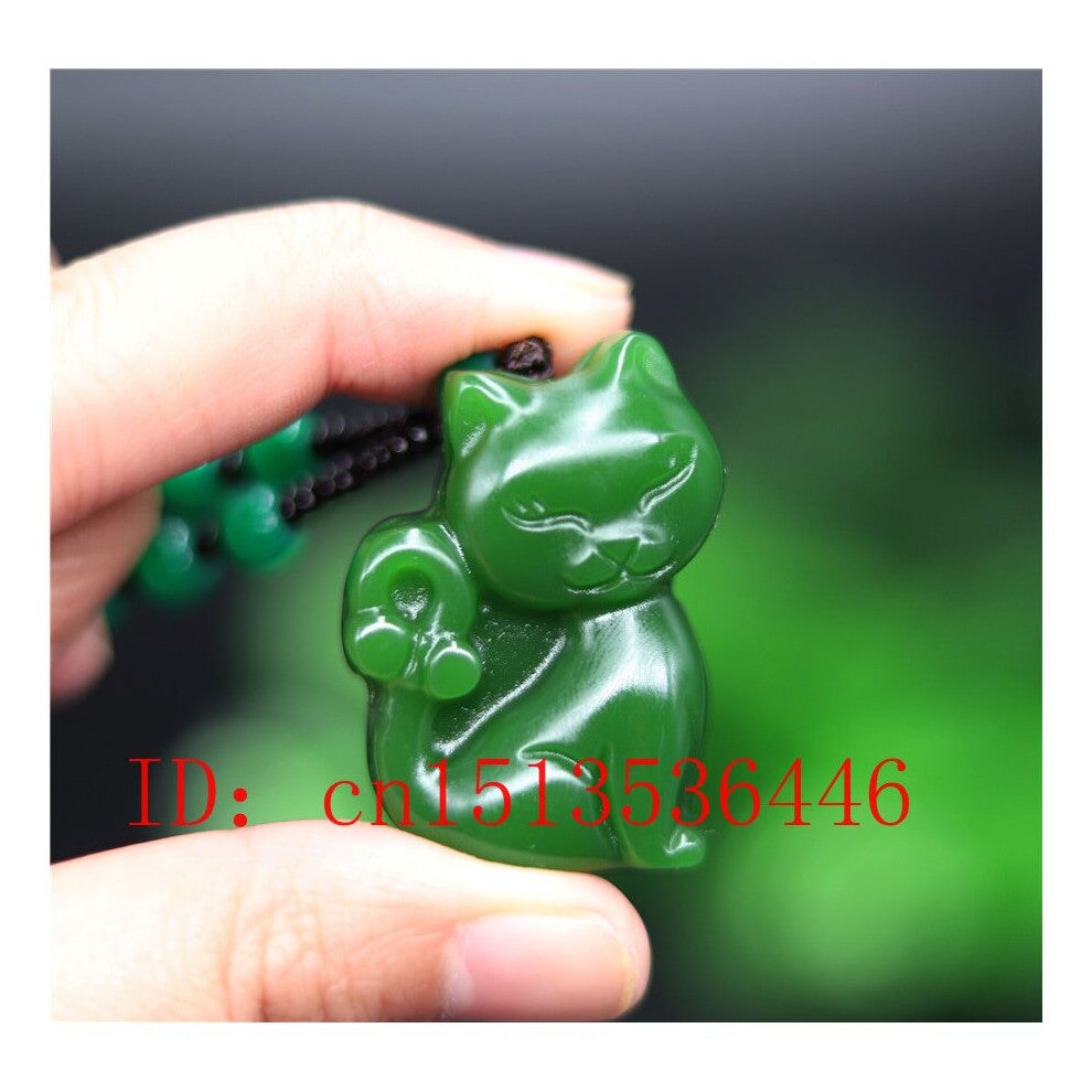 Chinese Green Jade Lovely Cat Pendant Necklace Charm Jewellery Accessories Hand-Carved Man Woman Amulet rope