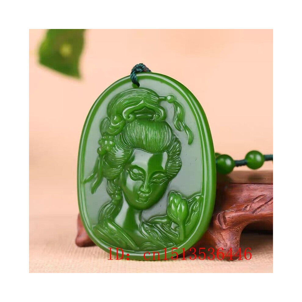 Natural Green Jade Beauty Pendant Necklace Charm Jewellery Accessories Hand-Carved Man Luck Amulet Sweater Chain