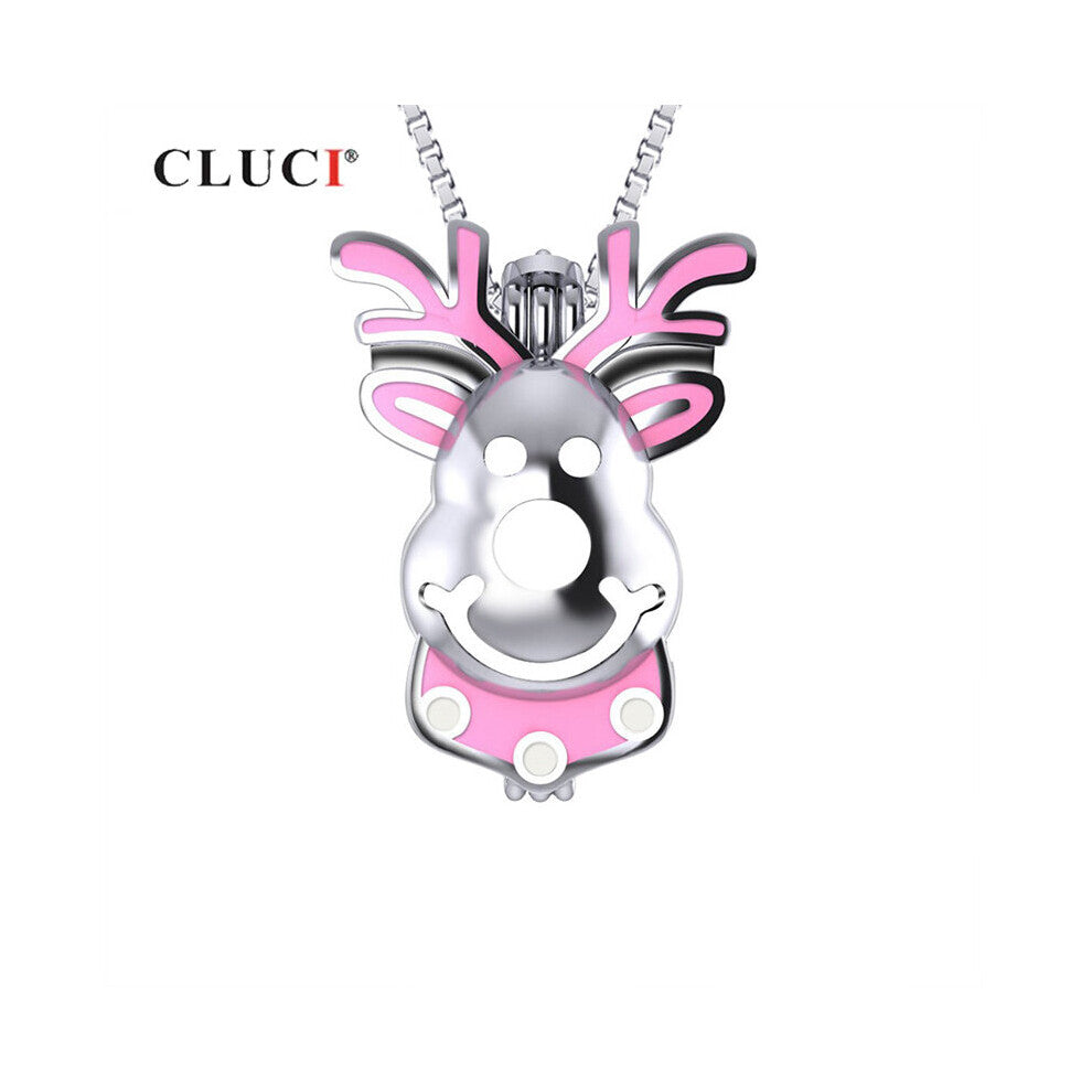 Silver 925 Sterling Cage Pendant Pink Christmas Reindeer Shaped Pendant Women Christmas Smile Reindeer Pendants SC337SB
