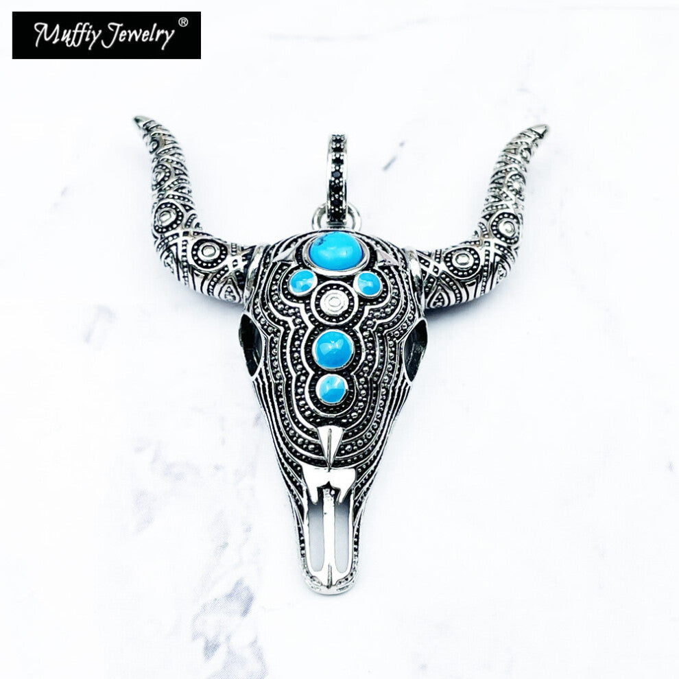 Pendant Bull Head 925 Sterling Silver Blackened With Turquoise Fine Jewelry Accessories Fit Necklace Vintage Ethnic Lucky Gift