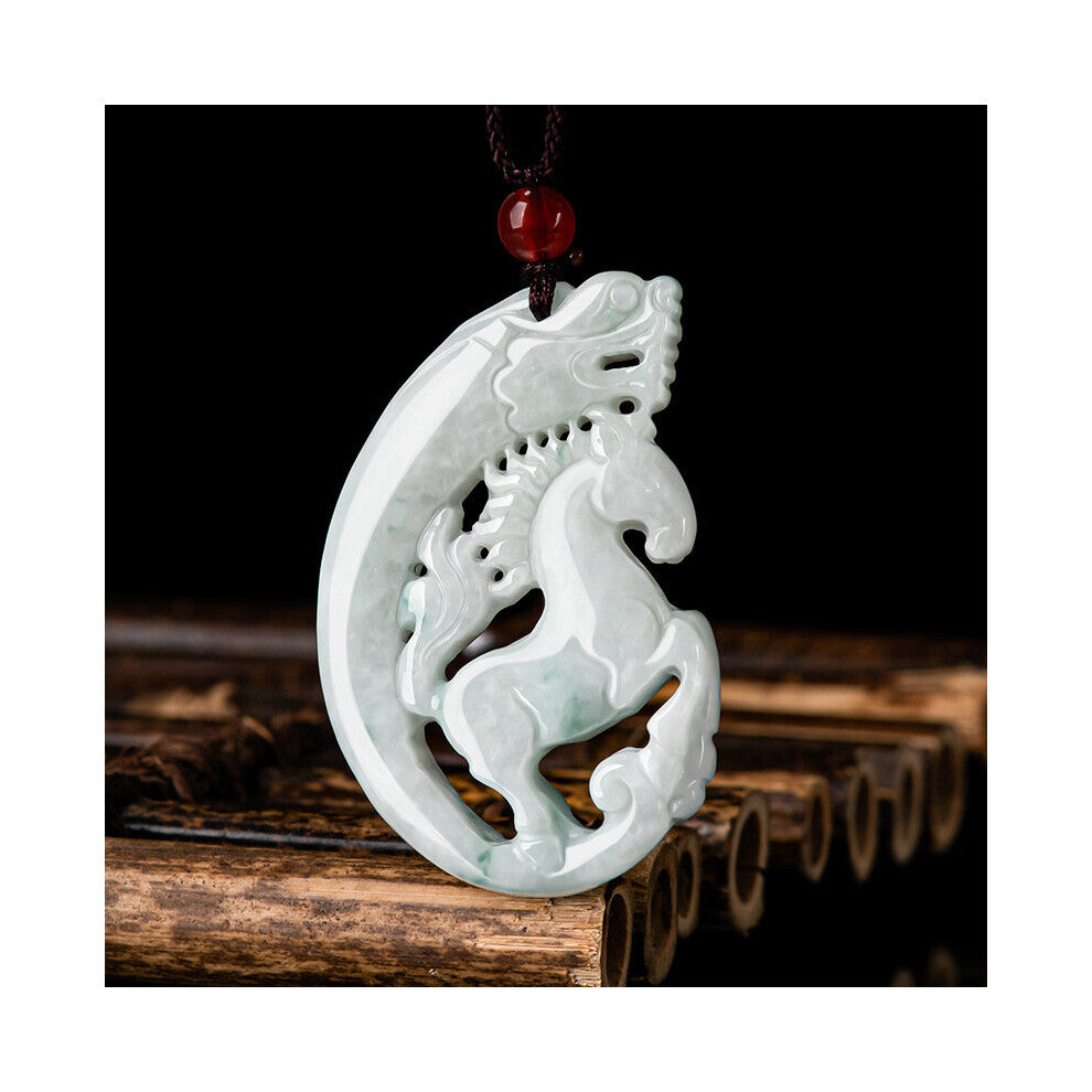 Jia Le-Hand-Carved- Natural Jade Light Green Dragon Horse Emerald Necklace Pendant Fine Jewelry Accessories Couples Amulets Gift
