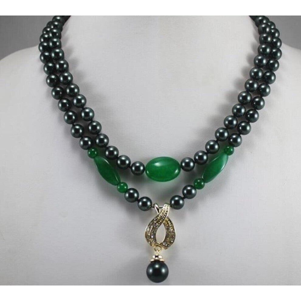 2 rows of 8mm shell beads + Green pendant metal silver plated accessories necklace pendant