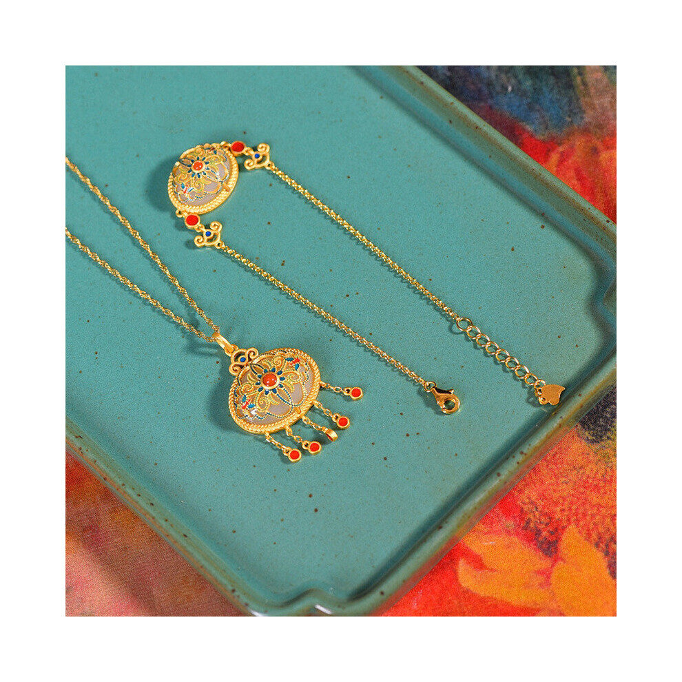 14k Vintage Carving Jade Gemstones Enamel Pendant Necklaces Chain Bracelets for Women Fine Jewelry Bijoux Accessories