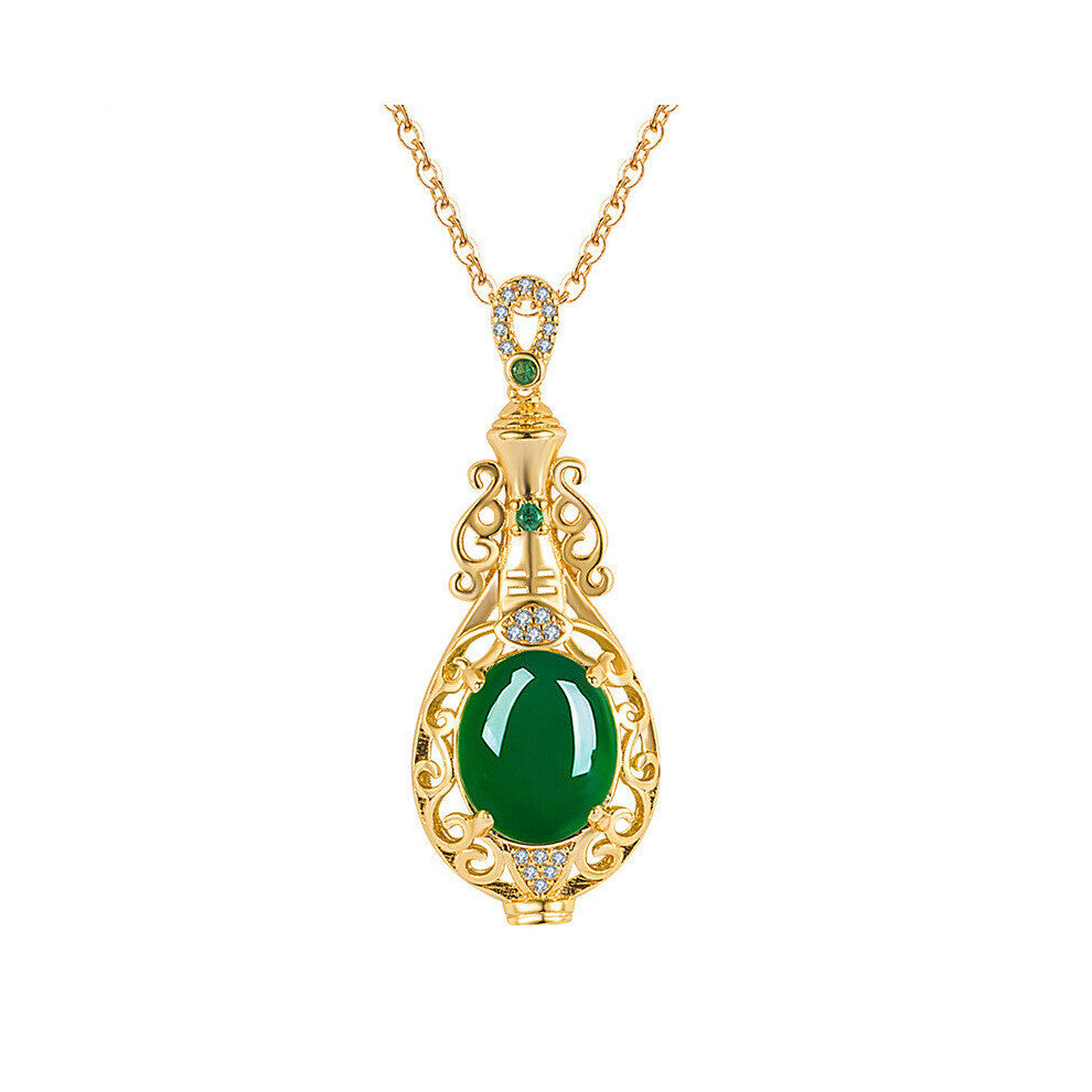 Vintage Carving Vase Green Jade Emerald Gemstones Diamonds Pendant Necklaces for Women Jewelry Bijoux Birthday