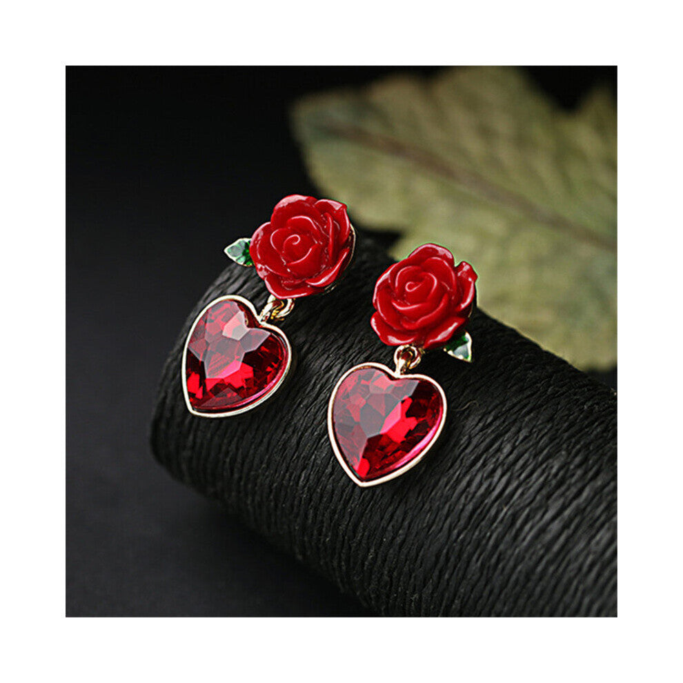 Fine jewelry Red heart pendant rose stud earring female accessories crystals stud earring bridal jewelry