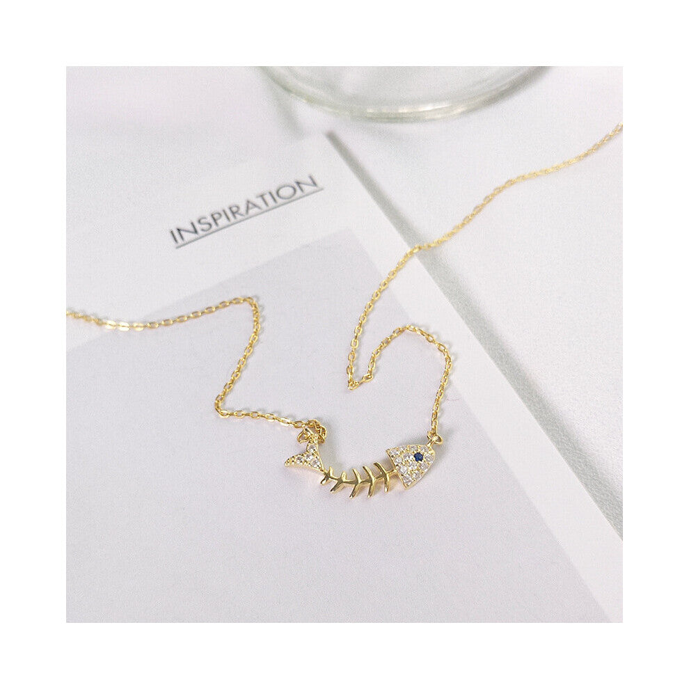 WTLTC Cubic Zirconia Fish Bone Shaped Chokers Necklaces 925 Sterling Sliver Small Skeleton Necklace Minimal Charms Jewelry