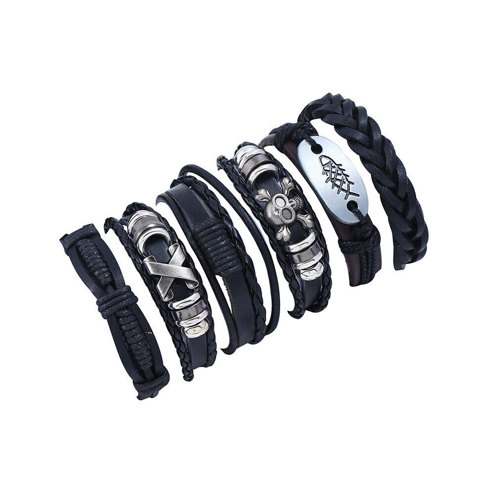 6Pcs-Set Jewelry Retro Woven 6-piece Cowhide Bracelet Men's Accessories Diy Combination Bracelet