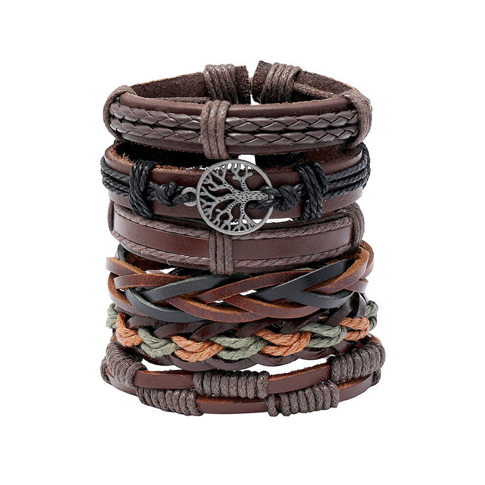 6Pcs-Set Retro Hand-woven Cowhide Bracelet Diy Combination 6-piece Set of Men's Jewelry Accessories