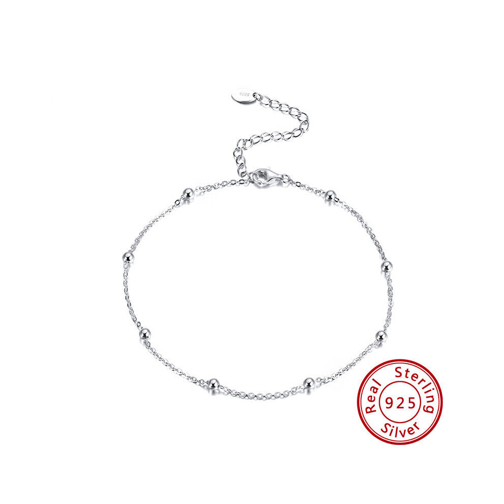 Women Sterling Silver Anklet Summer Vacation Jewelry 92.5% Silver Ball Beads Ankle Chain S925 Accessories SA05